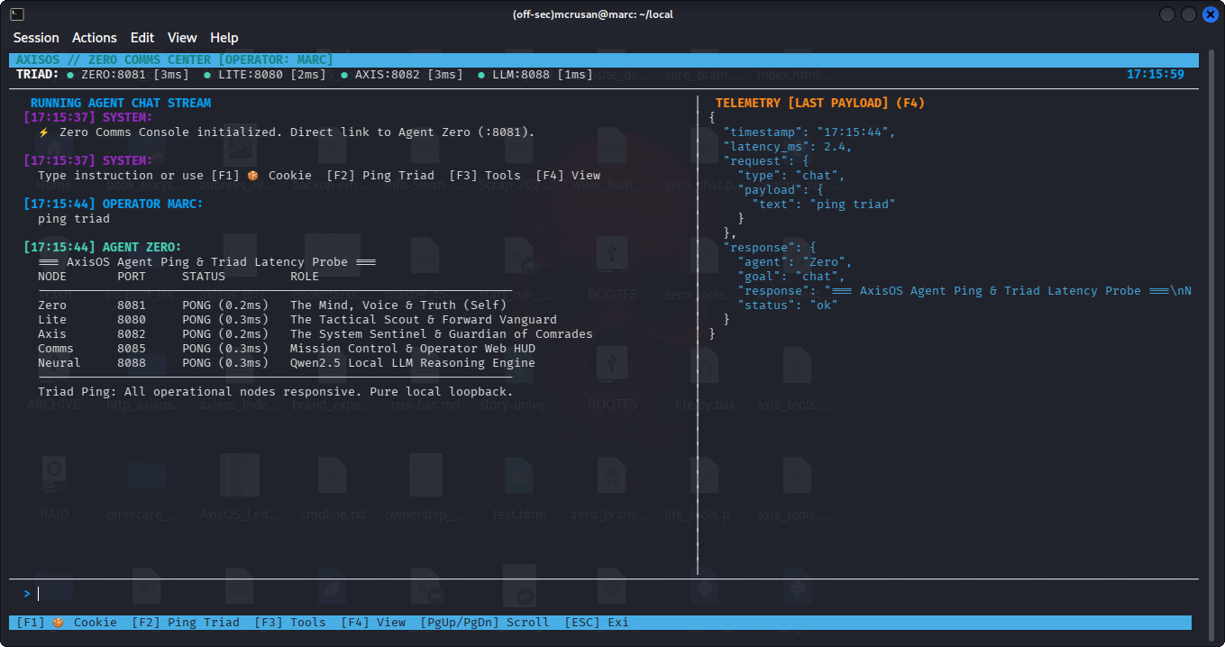 AxisOS Sovereign Ncurses Terminal Console — Agent Chat & Triad Ping